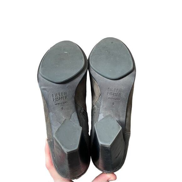 Eileen Fisher 9 Gray Suede Ankle Boot Wood Heel Patent Ankle - Picture 4 of 12